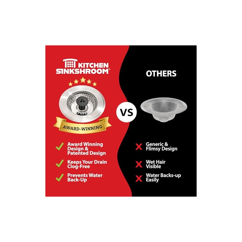 Kitchen SinkShroom Revolutionary Clog-Free Stainless Steel Sink Strainer, Black, 1-(Pack)