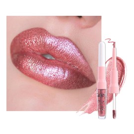 Kaely 2in1 Metallic Lipstick and Lip Liner, Shimmer Glitter Lip Gloss Long Lasting Waterproof 24 Hours, Pearlescent Sparkly Liquid Lipsticks Stain Makeup for Women, Vegan Formula, 09