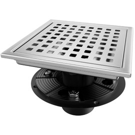 Elefloom Square Shower Drain, Silver Shower Drain 6 inch with Flange and Removeable Grate Cover, AISI 304 Stainless Steel Shower Floor Drain with Hair Catcher and Flange