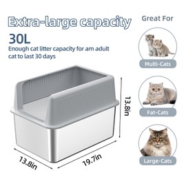 Stainless Steel Cat Litter Box With Lid, 19.7"L x 13.8"W x 13.8"H, XL for Big Cats, Metal High Side, Anti-Leakage Non-Sticky Easy Cleaning, Includes Scoop