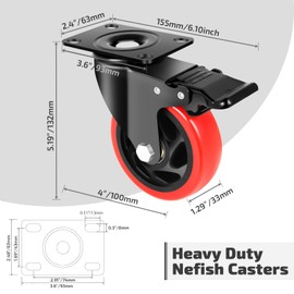 Nefish 4 Inch Industrial Caster Wheels with Brake, Casters Set of 4 Heavy Duty Grade Casters, Non-Marking Polyurethane Wheels, Workbench 1800 Lbs for Cart, Furniture, Shelving (LJ-PC-4IN)