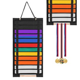 OGANAZI 12 Belts Karate Belt Display Rack, Taekwondo Belt Display Holder with Bamboo Medal Rack, Jiu Jitsu Belt Hanging Holder, Felt Martial Arts Belts Organizer for Taekwondo, Karate, BJJ Learners