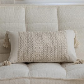 vctops Boho Cotton Linen Decorative Throw Pillow Covers with Tassels 12x20 Inch Soft Farmhouse Neutral Pillow Covers Accent Macrame Woven Beige Cushion Case for Couch Sofa Car (Beige Weave,12"x20")