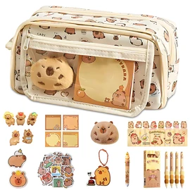 Capybara Pencil Case with 9 Compartments, 37 Pieces Capybara Stationery Set, Kawaii Capybara Things, Capybara Pencil Case with Pen Stickers, Doll Brooches, Cute Stationery Gift Set for Children
