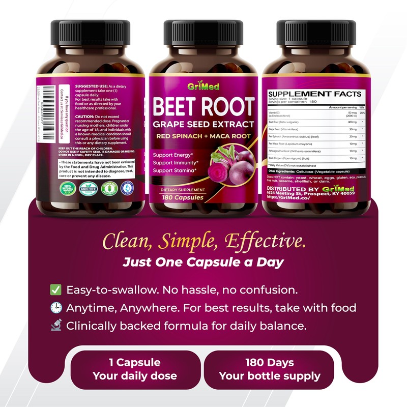 GriMed Beet Root with Grape Seed Extract, Maca Root, Red