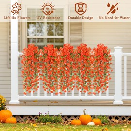 HIAGROW Artificial Fall Flowers for Outdoors Fake Petunias Hanging Flower, 2Pcs Orange Flowers with Eucalyptus Leaves, UV Resistant Look Real for Outside Home Planter Porch Patio Balcony Yard Decor