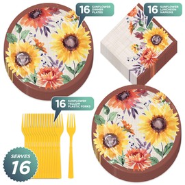 HOME & HOOPLA Bright Fall Sunflower Paper Dinner Plates, Lunch Napkins, and Forks (Serves 16)