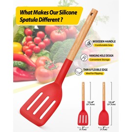 Pack of 2 Silicone Cooking Spatula, Heat Resistant Solid Turner, Non Stick Slotted Spatulas with Wooden Handle,Ideal Wood Kitchen Utensils Set for Frying, Baking, Flipping, Turning (RED)