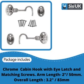 Chrome Cabin Hook 2 Inch Cabin Hook & Eye Silent Catch Door Latch Holder with Screws Silent Cabin Hook for Shed Gate Catch Garden Gate Latch Patio Doors in Various Finishes Pack of 1.