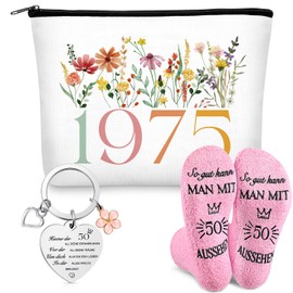 Xuniea 50 Birthday Gift Set for Women, Cosmetic Bag 50th Birthday, Funny Socks Ladies, Keyring Birthday, 1975 Gift Ideas for Women Wife Mother Grandma Sister Girlfriend
