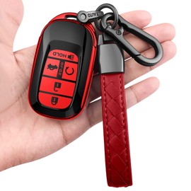 Sindeda for Honda Key fob Cover with Leather Keychain Soft TPU Full Cover Protection,for 2022 2023 2024 2025 Civic Accord HR-V Pilot CR-V,5-Buttons Key Fob Shell(Red)