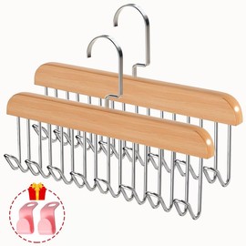 Plowatxi 2 Pack Belt Hanger with 16 Hooks, Non-Slip Wooden Skid-Proof Belt Holder, Space-Saving Rotating Display Rack for Belts, Tops, Hats