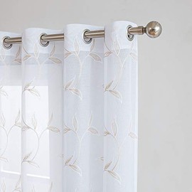 Warm Home Designs Par de 2 Cortinas Blancas Transparentes de Longitud Corta con un Bordado de Hojas Cosidas. Cada Cortina con Ojales 137 cm (Ancho) x 160 cm (Alto 54 x 63 Pulgadas M Linen 63