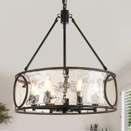 6-Light Farmhouse Glass Chandelier Over Table, Black & Wood Grain Modern Drum Chandelier for Dining Room, 19.5" Industrial Light Fixture for Kitchen Island, Living Room, Entryway, Foyer, Bedroom