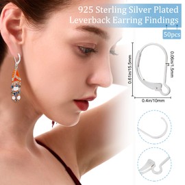Beebeecraft 1 Box 50Pcs Leverback Earring Findings 925 Sterling Silver Plated Brass French Earring Hooks 15.5x10mm Ear Wire Clip Earring Connector for Jewellery Making