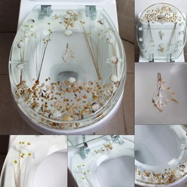 Resin Toilet Seat Seashells Dried Flowers Toilet Lid Seat with Clear Cover Easy to Install & Clean Replacement Quiet Slow Close Toilet Seat Fits U/V type Toilets