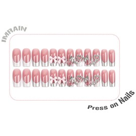 IMRAIN Press on Nails Medium Square Fake Nails with Silver Butterfly & Heart Designs White French Tips False Nails Full Cover Acrylic Nail Supplies Pink Bow Glue on Nails Kit for Women