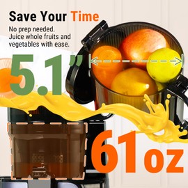 Ventray Slow Masticating Juicer Machine, 5.1" Extra Large Feed Chute Cold Press Juicer for Whole Vegetables & Fruits, 250w, High Juice Yield, Easy to Clean with Brush, Great for Batch Juicing