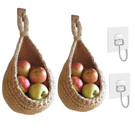 DIYARTS 2 PCS Hanging Wall Basket Teardrop Hanging Baskets, Hand Woven Wall Mounted Vegetable and Fruit Basket, Teardrop Hanging Wall Decor Baskets for Kitchen Storage, Living Room, Porch, (L+M)