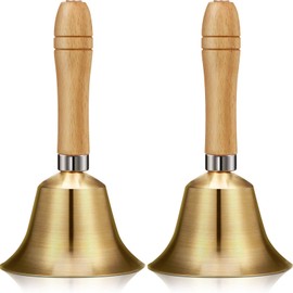 2 Pieces Solid Brass Hand Call Bells with Wooden Handbells Handle for Ringing Loud Hand Held Service Brass Call Elderly Wedding Animal Training Bell(3.15 x 3.15 x 5.9 Inch)