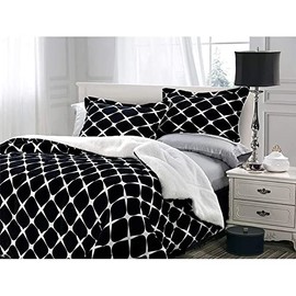 Modern 1 Piece Queen Size Down Comforter | Elegant Diamond Quilted Pattern , Ultra Plush Soft Feel | All Seasons Black Bedding Cozy Warm, Vibrant Luxurious Look | Premium Fabric, Pitch Blackish/White