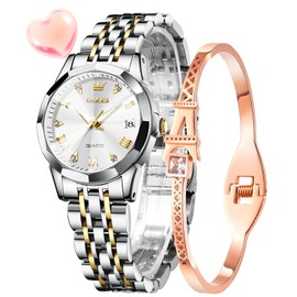 OLEVS Damenuhr Gold Silber Diamant Analog Quarz Uhren Damen Edelstahl Wasserdicht Leuchtend Modisch Elegantes Kleid Armbanduhr Armreif Geschenk Set