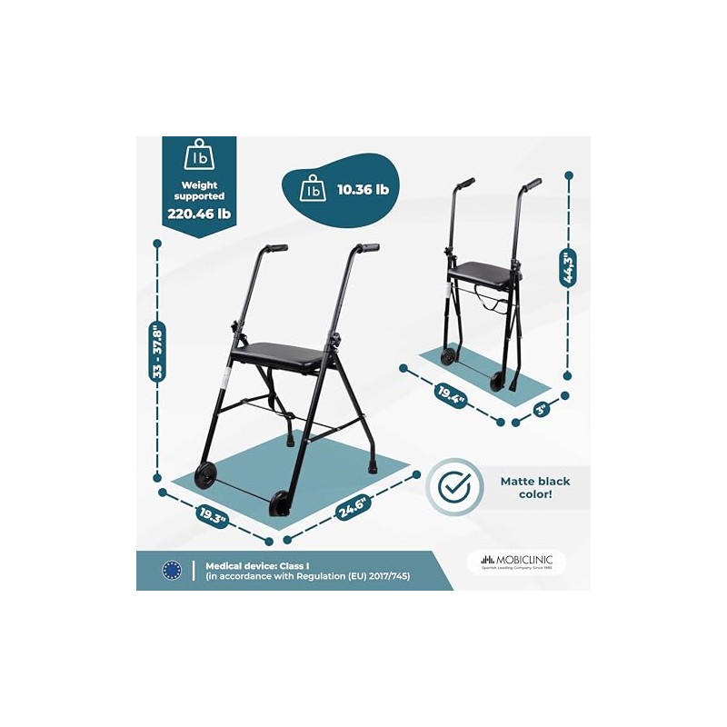 Mobiclinic®, Folding Walker, Adjustable, Ergonomic Grips, Non-Slip Ferrules, with Seat