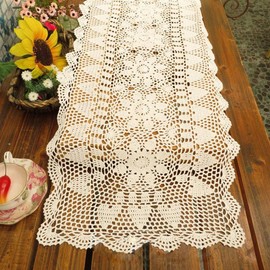 KEPSWET Sunflower Rectangle Handmade Crochet Lace Table Runner Floral Wedding Decoration (14x48 inch, Beige)
