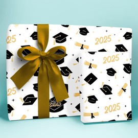 Big Dot of Happiness Black & Gold Graduation Wrapping Paper, Class of 2025 Congrats High School Grad Party Gift Wrap Supplies, 24 in x 7 feet, 1 Roll