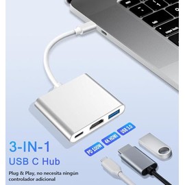 Adaptador USB C a HDMI, 3 en 1 Adaptador Tipo C Multipuerto USB C Hub con Salida HDMI 4K, Puerto USB 3.0 y Puerto de Carga USB-C Nuevo Mac Air/Surface, Más, Controlador Estable Certificado