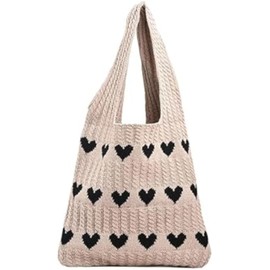 YISHATIER Women's Crochet Tote Bags Boho Tote Bags Heart-shaped Beach Handbags Knit Vacation Aesthetic Casual Love Hobo Bags (khaki)