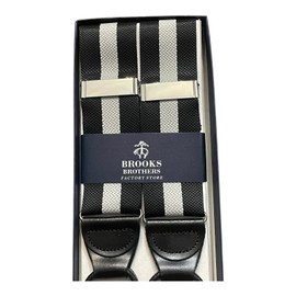 Brooks Brothers Suspenders Black Gray Striped Leather Trim Braces One Size