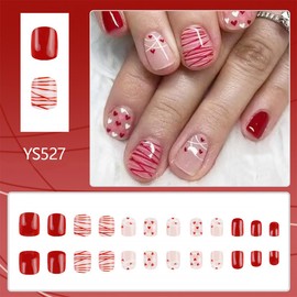 24Pcs Valentine's Press on Nails Short Fake Nails Red White Heart with Line False Nails Design Romantic Heart Full Cover Artificial Glue on Nails Valentines Stick on Nails for Women DIY Manicure