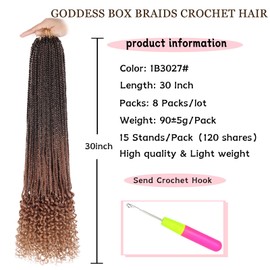 30 Inch Goddess Box Braids Crochet Hair with Curly Ends 8 Packs Pre-looped Goddess Braids Hair Extensions Ombre Synthetic Boho Box Braiding Hair for Women (15Strands/pack 1B3027#)