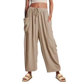 LILLUSORY Women Linen Summer Spring Fashion Outfits Palazzo Casual Flowy Pants Wide Leg Trouser Boho Lounge Drawstring Loose Lightweight Beach Trendy Harem Hippie Clothes with Pocket Khaki L