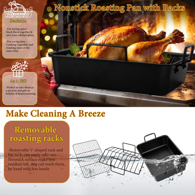E-far Roasting Pan with Racks, Large Stainless Steel Turkey Roaster
