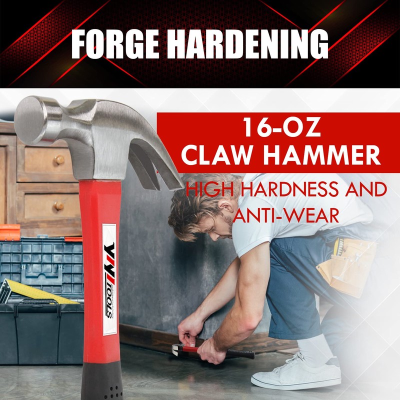YIYITOOLS Claw Hammer With fiberglass Handle – 16-oz, Red and