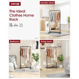 Sakugi Clothes Rack - Clothing Rack with Storage Mesh Shelf & Casters, Heavy-Duty Metal Clothing Rack for Hanging Clothes, Dresses, Coats, Large Load Capacity, Easy Assembly, Black, 28.0"x16.9"x59.0"