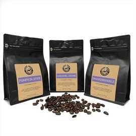 FLAVORED COFFEE GIFT SAMPLER (Holiday Edition), Snickerdoodle, Caramel Cream, Pumpkin Spice. Each gift box contains 3 / 6oz bags of whole bean flavored coffees.