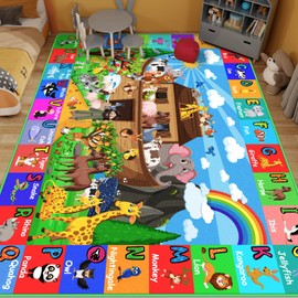 DINSUMRUG ABC Kids Rug for Playroom 110×78.7 in Noah's Ark Animals Rug Baby Play Mat Alphabet Playrug Shape Color Classroom Rug Kids Playroom Rug Early Learning Carpet for Preschool Toddlers Tummy