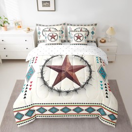 jejeloiu Western Decor Comforter Set with Sheets King Size Boho Bed in a Bag Set for Boys Girls Teens Texas Star Print 7 Pieces Bedding Set Retro Exotic Boho Bed Set Room Decor Off-White