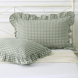 Silnuo Green/White Plaid Ruffled Queen Size Pillow Covers Pillow Shams Washed Cotton Shabby Checkered Gingham Pillowcases Farmhouse Bed Pillow Cases 20"x30"
