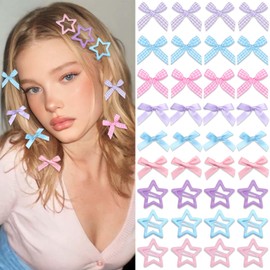 STGDAK 36 Pcs Mini Bow Hair Clip Pink Ribbon Bow For Girls Women Star Clips Colorful Star Snap Clip Non Slip Plaid Bows Coquette Accessories Metal Barrettes Y2k Hair Clip Cute