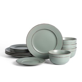 Earth & Clay Hazel 12-Piece Stoneware Dinnerware Set, Plates and Bowls Set, Dishwasher and Microwave Safe, Dish Set for 4, Light Green