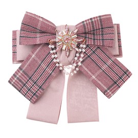 Elerevyo Women's Bow Brooch Plaid Faux Rhinestone Beaded Bow Ties Pink One Size