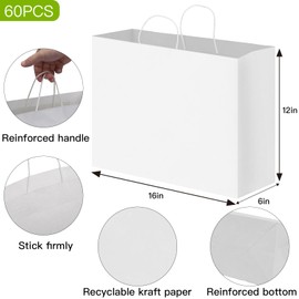 OUTUXED 60pcs 16x6x12 Inches White Paper Bags with Handles, Kraft Gift Bags Large Paper Bags for for Small Business, Merchandise, Gifts