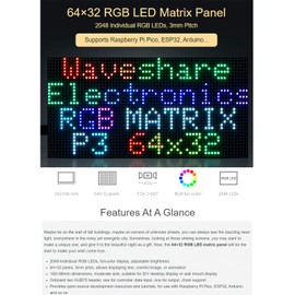 Waveshare RGB Full-Color LED Matrix Panel 64×32 Pixels Adjustable Brightness Compatible with Raspberry Pi Pico ESP32 Arduino