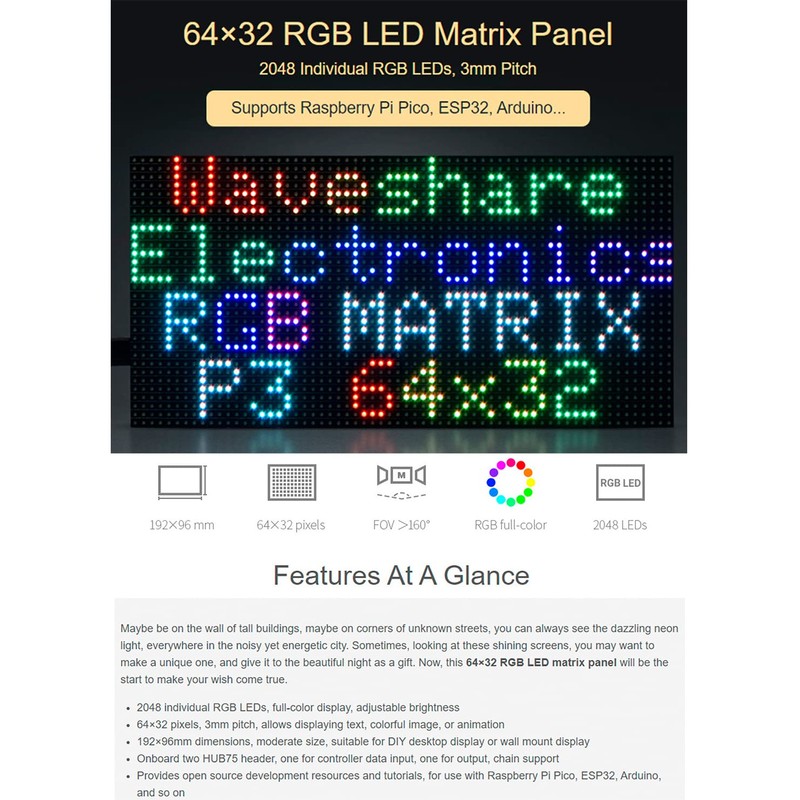 Waveshare RGB Full-Color LED Matrix Panel 64×32 Pixels Adjustable Brightness