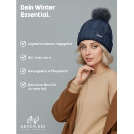 Neverless Model 2207 Women's Knitted Hat with Fleece Lining and Faux Fur Bobble Cable Knit Chunky Knit Winter Hat Bobble Hat Navy One Size
