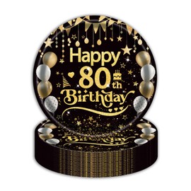 EVYIENEN 50Pcs 80th Birthday Party Paper Plates,7inch Disposable Black and Gold Dessert Party Plates Party Decorations for Men Woman 80th Happy Birthday Wedding Party Supplies
